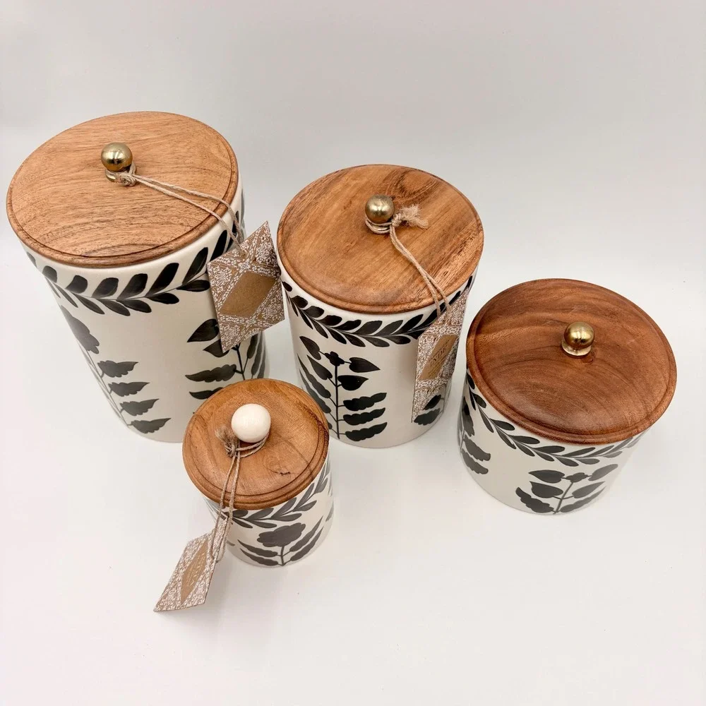 Made in India 4pc Ceramic Canister Set Black Cream Botanical Wood Lids New